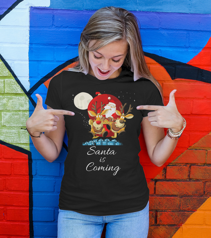 Santa Is Coming With Reindeer Sleigh Under The Moonlight T-Shirt