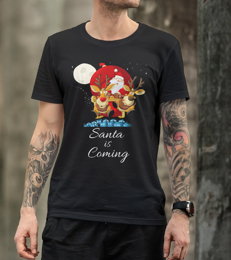 Santa Is Coming With Reindeer Sleigh Under The Moonlight T-Shirt