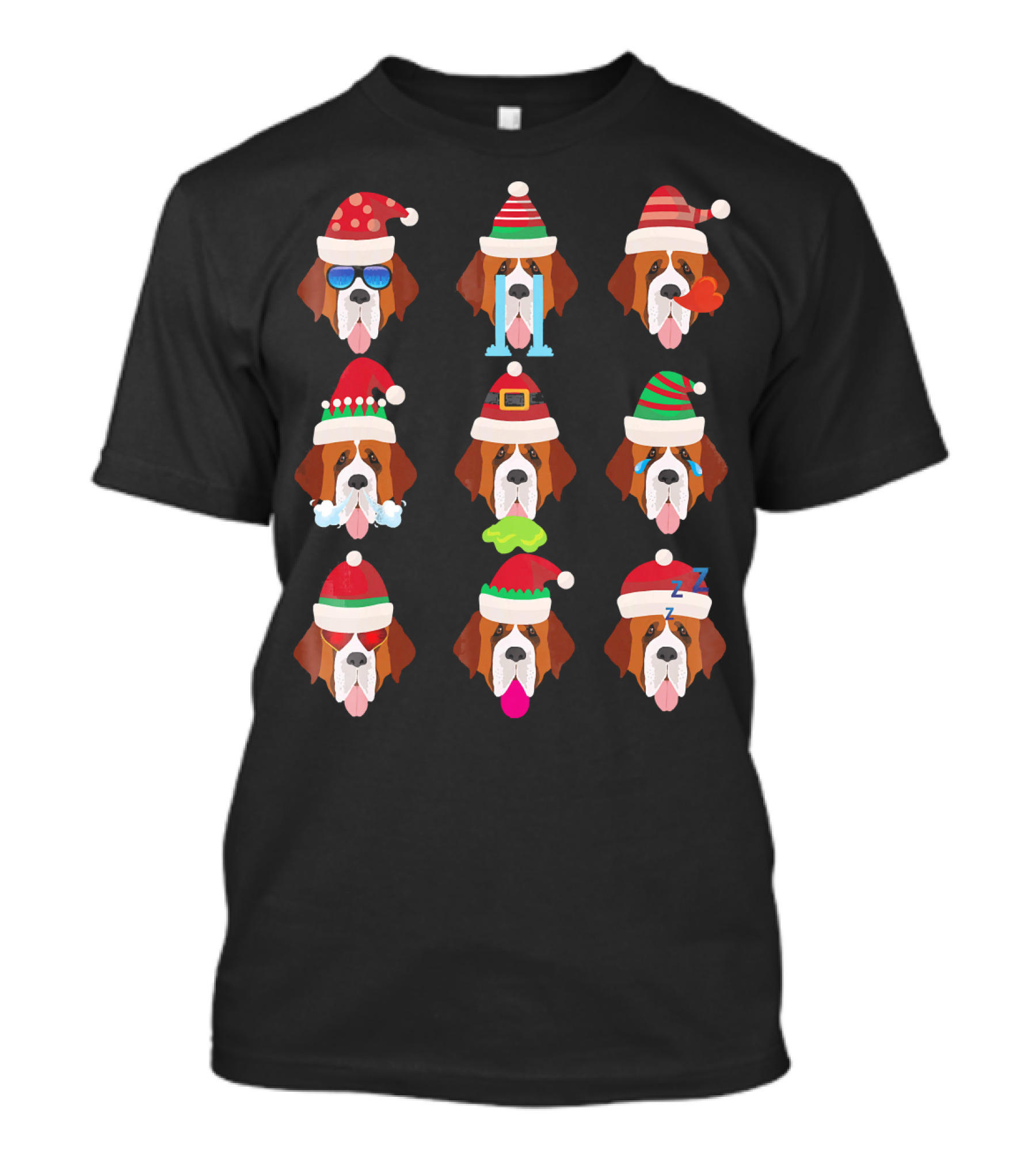 SAINT BERNARD Dog Faces Santa Hat Christmas Expressions T-Shirt