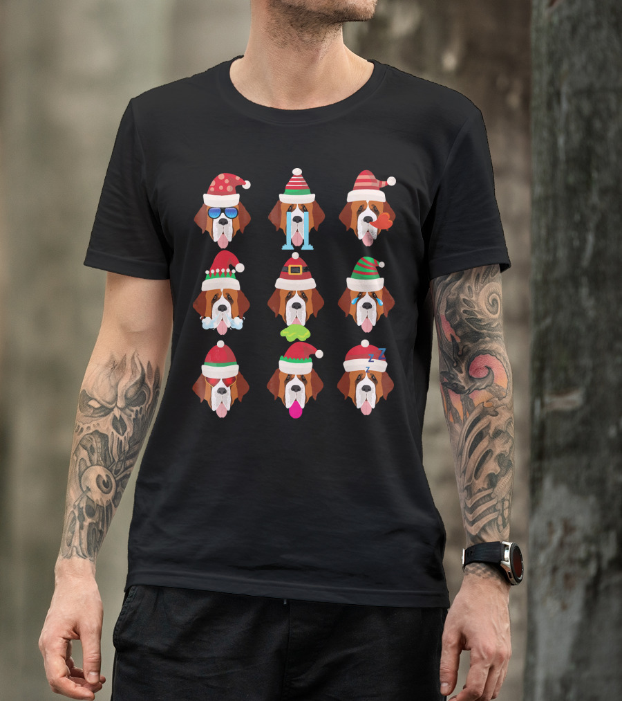 SAINT BERNARD Dog Faces Santa Hat Christmas Expressions T-Shirt