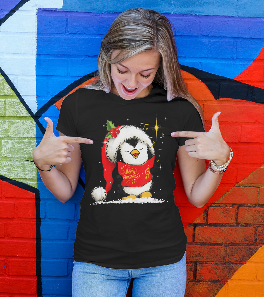 Tee89s Penguin Merry Christmas Song With Santa Hat And Music Notes T-Shirt