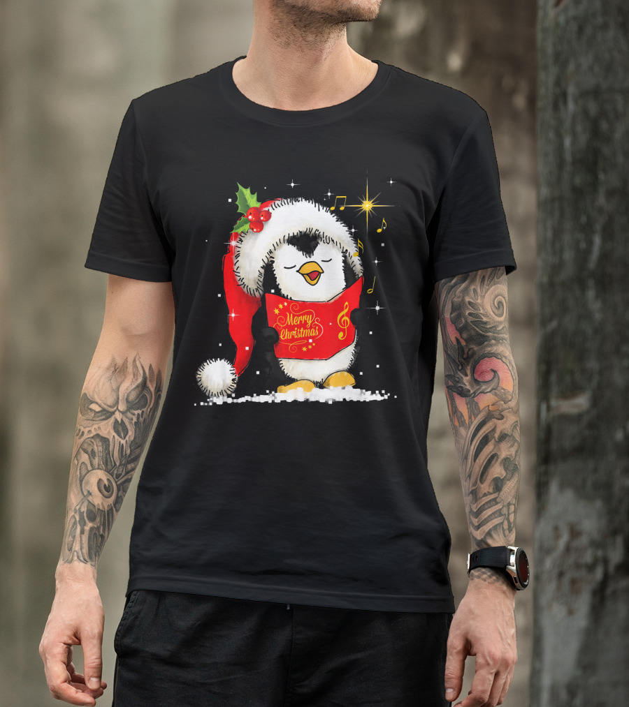 Tee89s Penguin Merry Christmas Song With Santa Hat And Music Notes T-Shirt