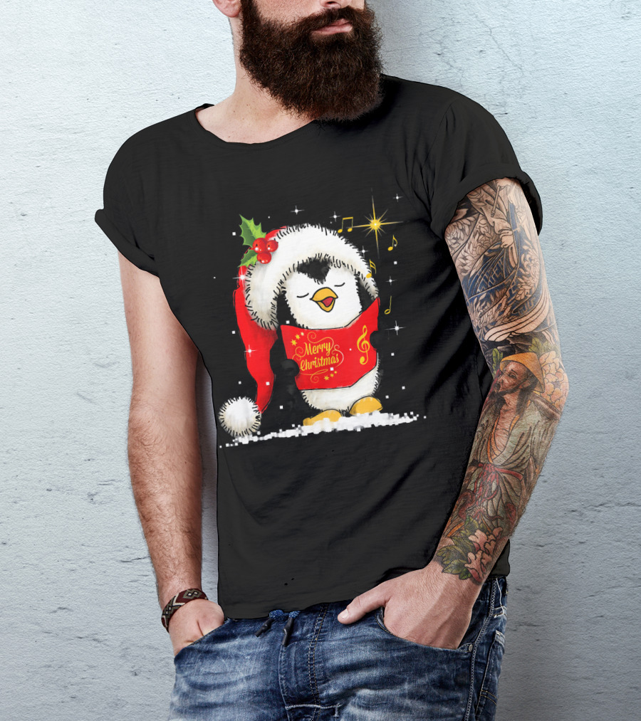 Tee89s Penguin Merry Christmas Song With Santa Hat And Music Notes T-Shirt