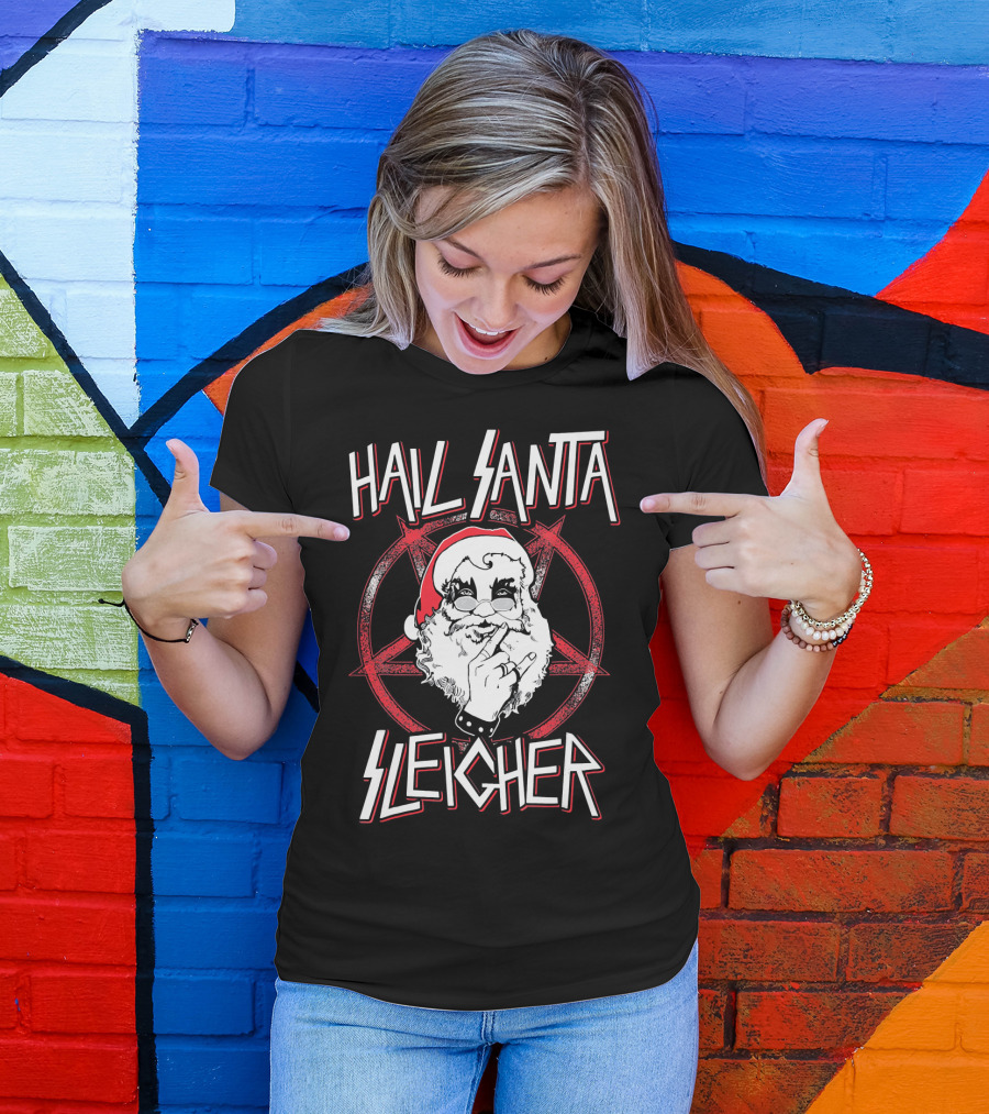 Hail Santa Sleigher Funny Christmas Santa Rock Metal Holiday T-Shirt
