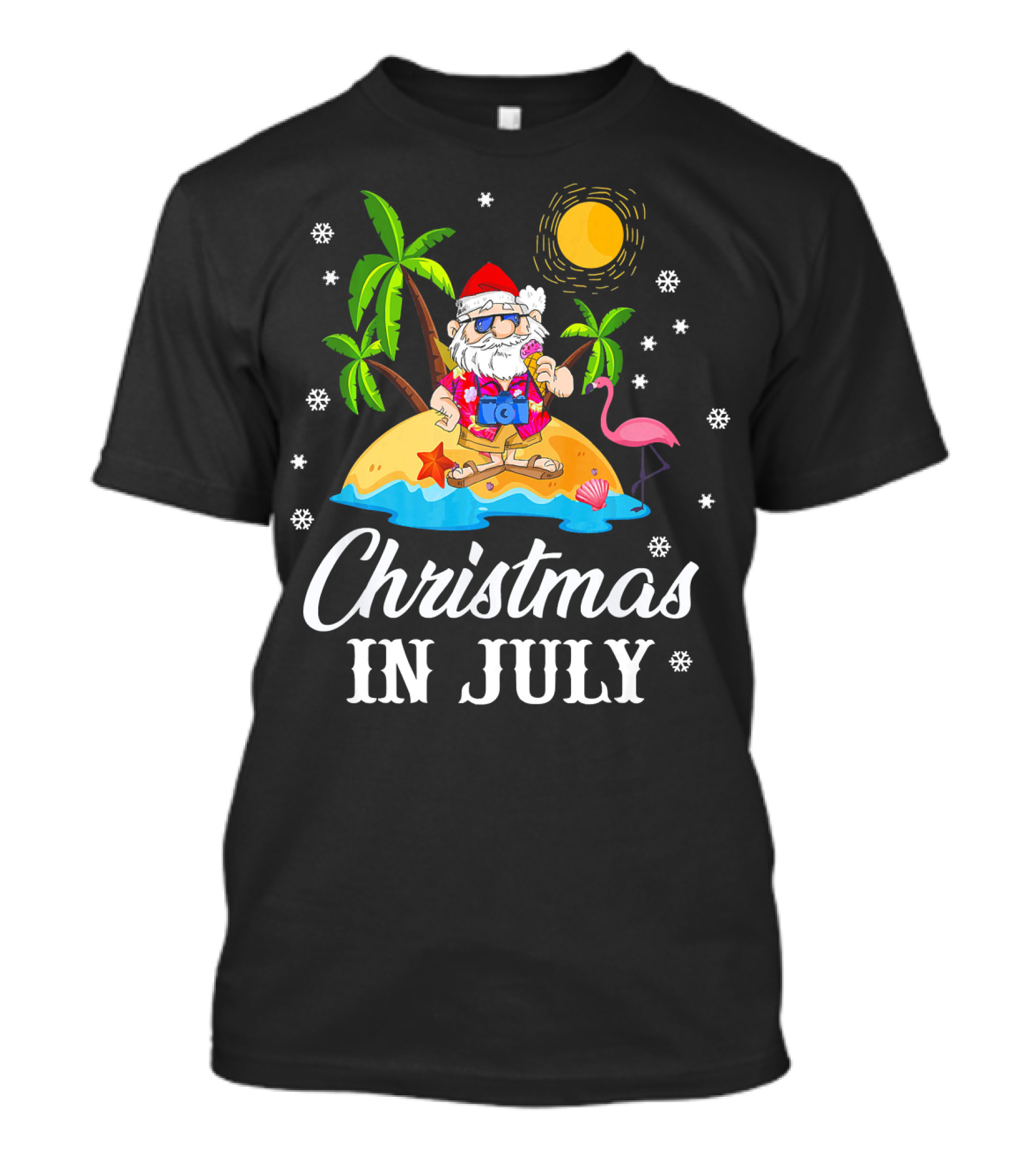 Christmas In July Flamingo Santa On Tropical Island With Palm Trees And Sun T-Shirt