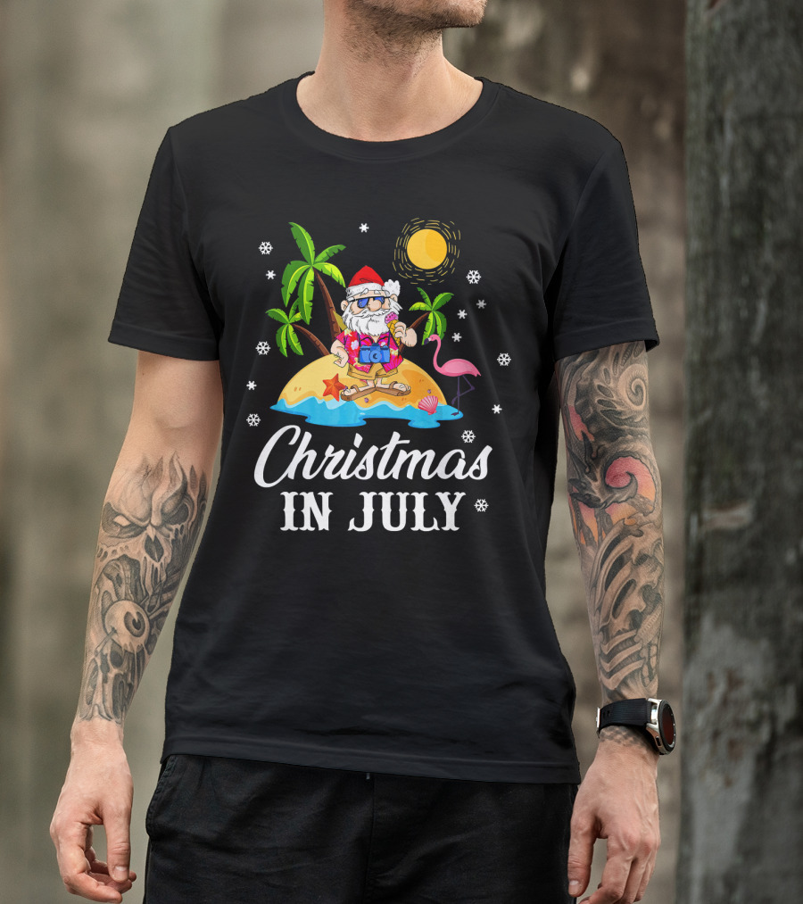 Christmas In July Flamingo Santa On Tropical Island With Palm Trees And Sun T-Shirt