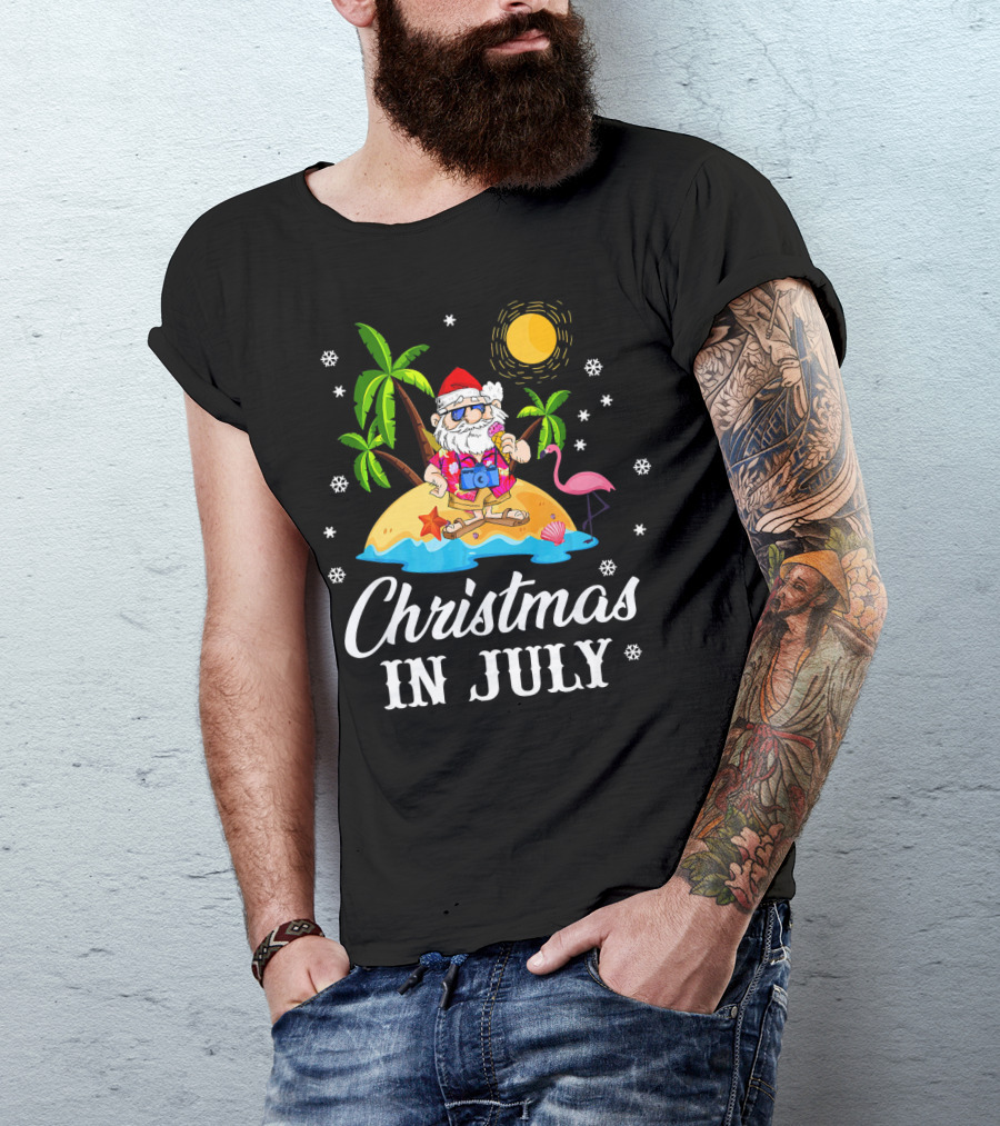 Christmas In July Flamingo Santa On Tropical Island With Palm Trees And Sun T-Shirt
