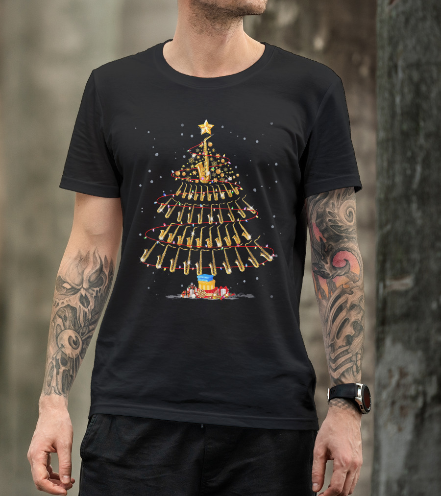 Merry Christmas Saxophone Tree Hat In Snow Scene T-Shirt