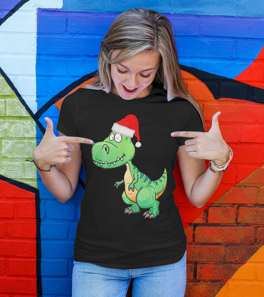 Santa Dinosaur Christmas T-Rex With Santa Hat T-Shirt