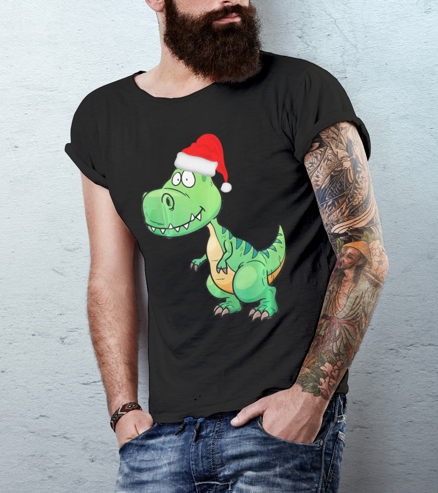 Santa Dinosaur Christmas T-Rex With Santa Hat T-Shirt