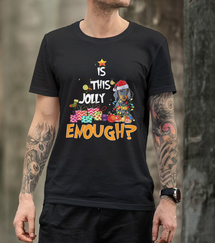 Is This Jolly Enough Dachshund Christmas Lights Santa Hat Gifts T-Shirt