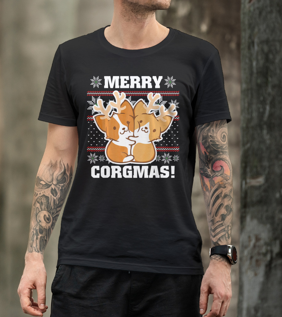 Merry Corgmas Ugly Christmas Sweater With Cute Corgis And Reindeer Antlers T-Shirt