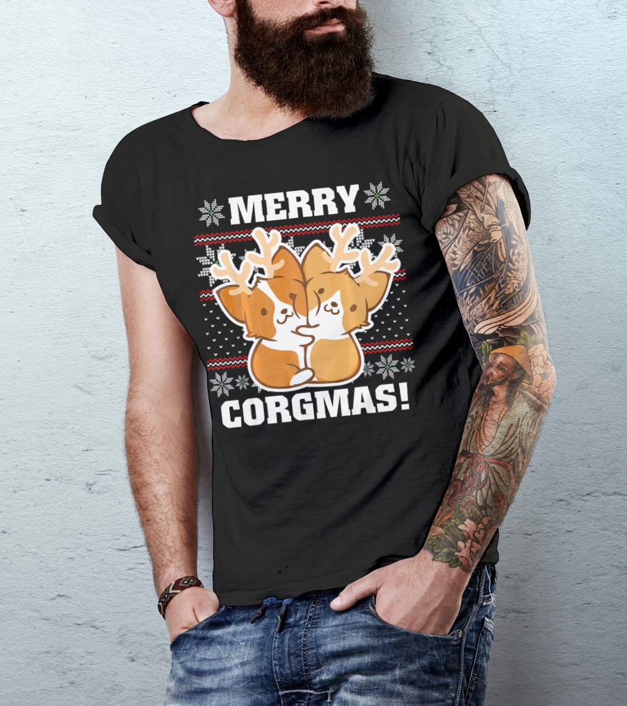 Merry Corgmas Ugly Christmas Sweater With Cute Corgis And Reindeer Antlers T-Shirt