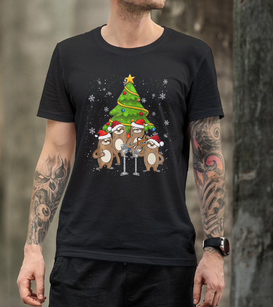Santa Sloths Singing Festive Cheer Around Christmas Tree T-Shirt