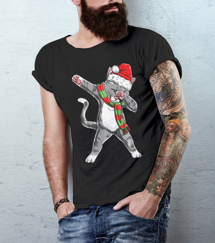 Dabbing Cat Santa Christmas Kids Bo Kitty Santa Hat Green Red Scarf T-Shirt