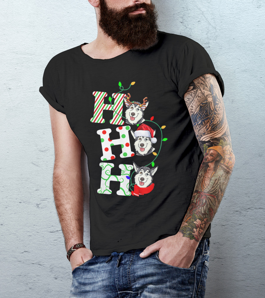 Ho Ho Ho Husky Santa Hat Reindeer Antlers Christmas Lights T-Shirt