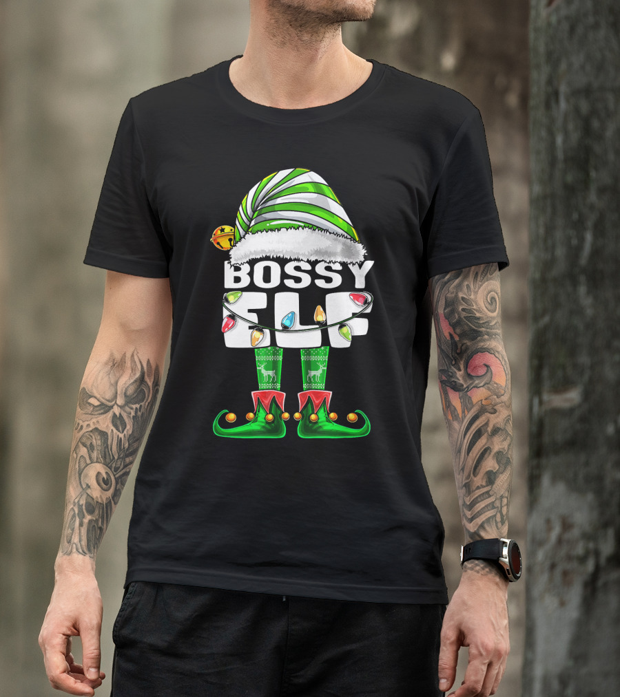 Bossy Elf Christmas Family Matching With Hat And Lights T-Shirt