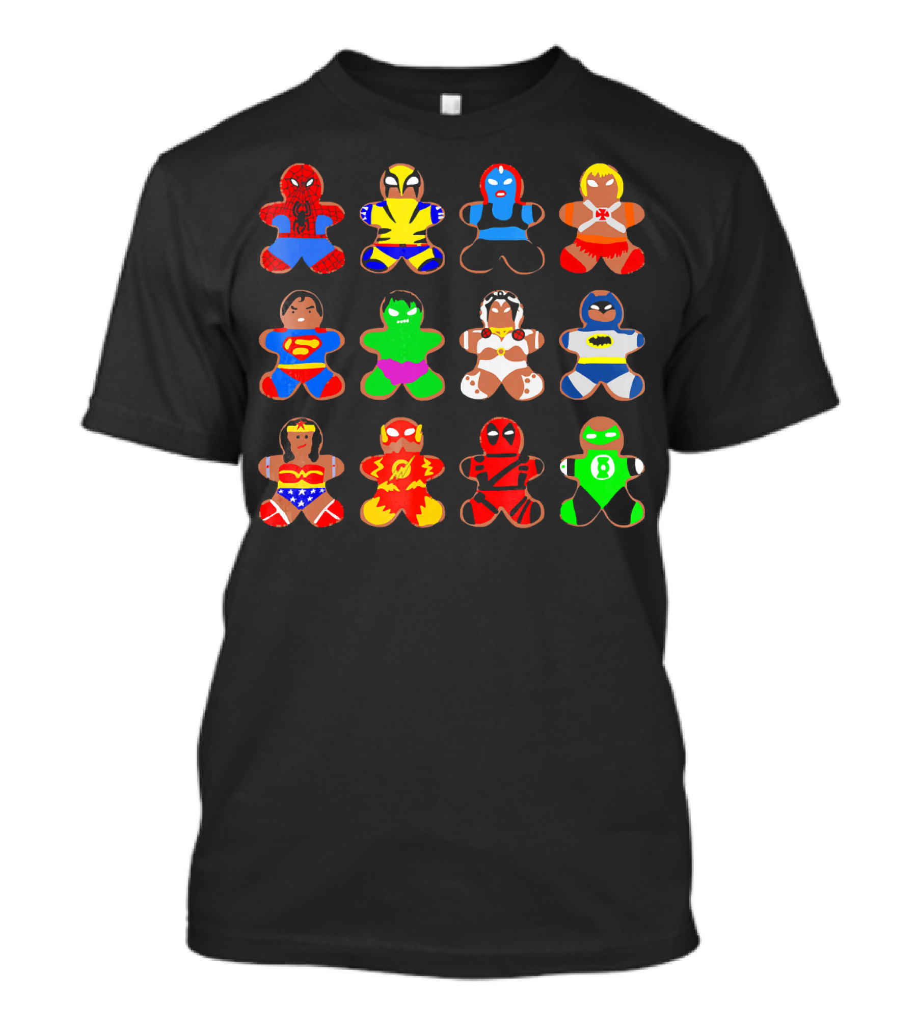 Superhero Gingerbread Man Spider-Man Wolverine Mystique Iron Man Superman Hulk Wonder Woman Flash Deadpool Batman Green Lantern T-Shirt