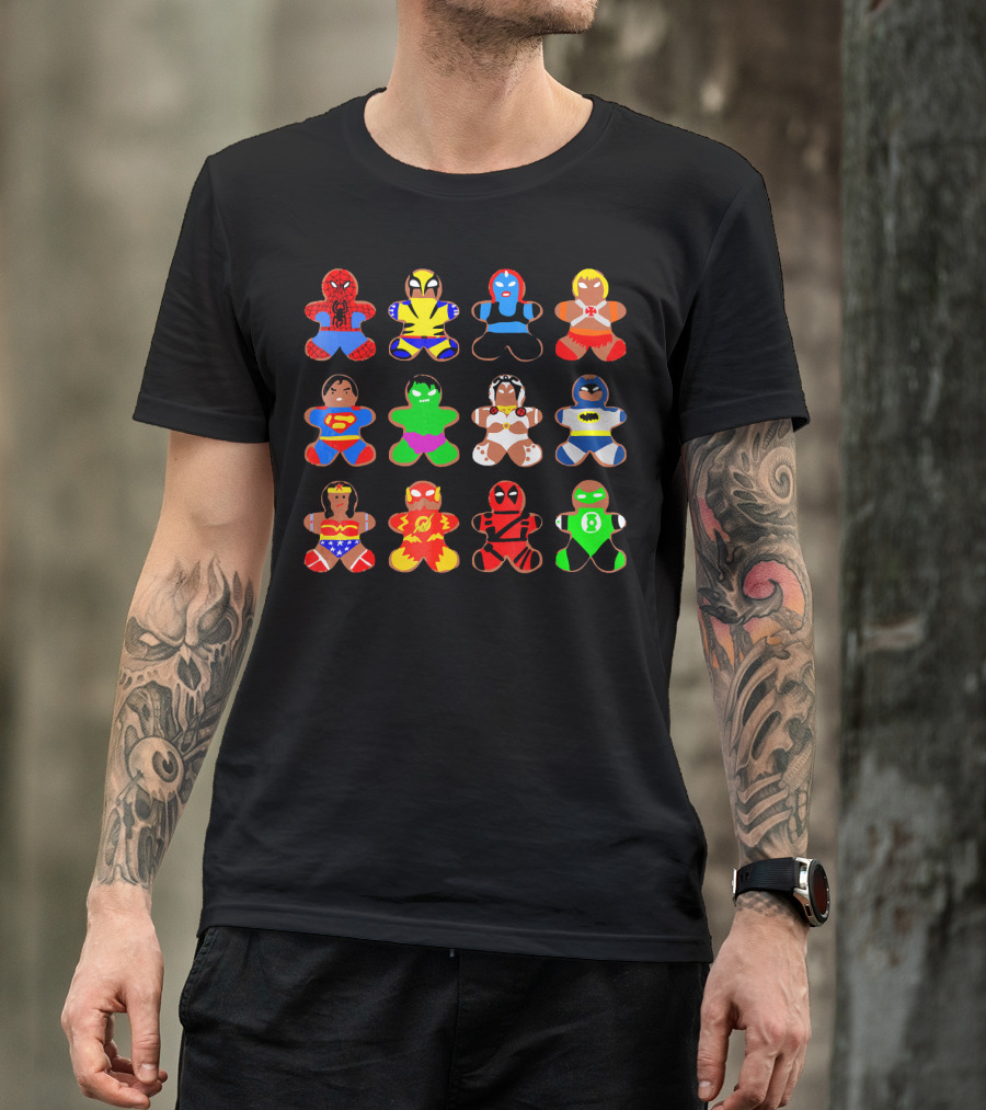 Superhero Gingerbread Man Spider-Man Wolverine Mystique Iron Man Superman Hulk Wonder Woman Flash Deadpool Batman Green Lantern T-Shirt