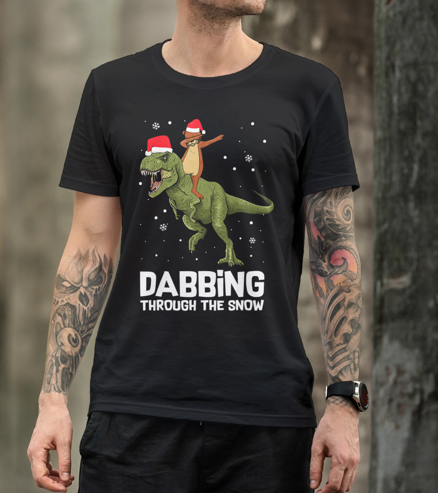 Dabbing Through The Snow Otter Rides Dinosaur Santa Hats T-Shirt