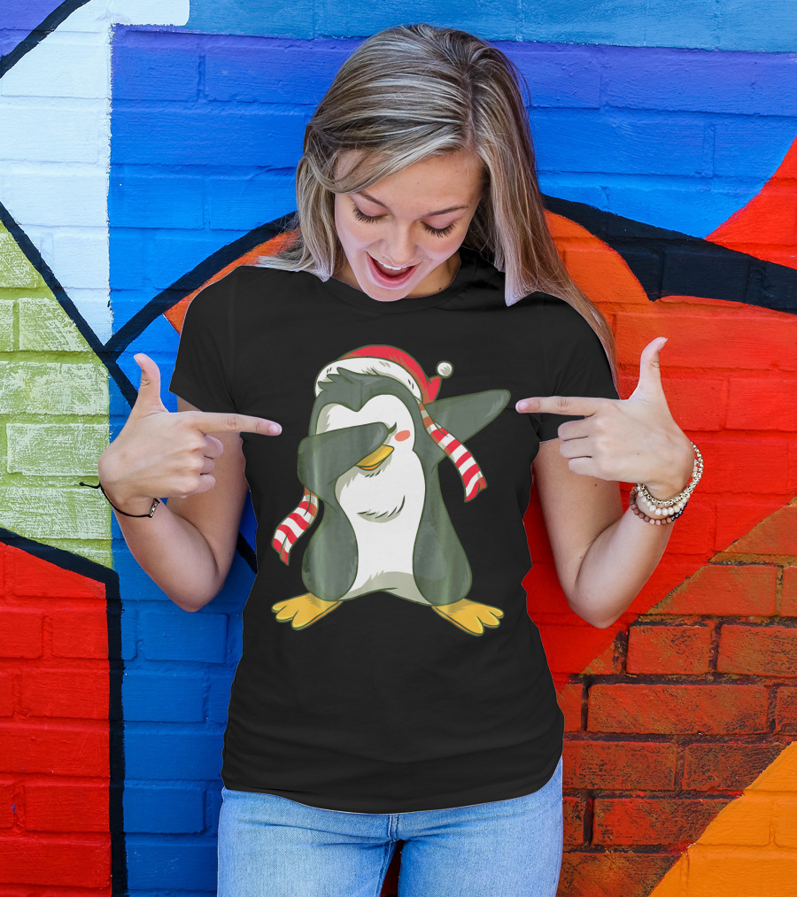 Dabbing Penguin In Santa Hat With Striped Scarf T-Shirt