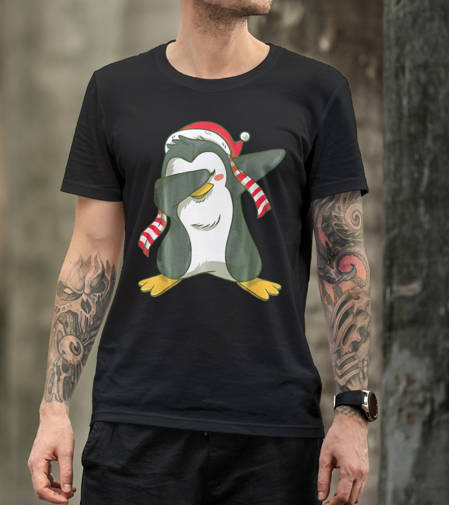 Dabbing Penguin In Santa Hat With Striped Scarf T-Shirt