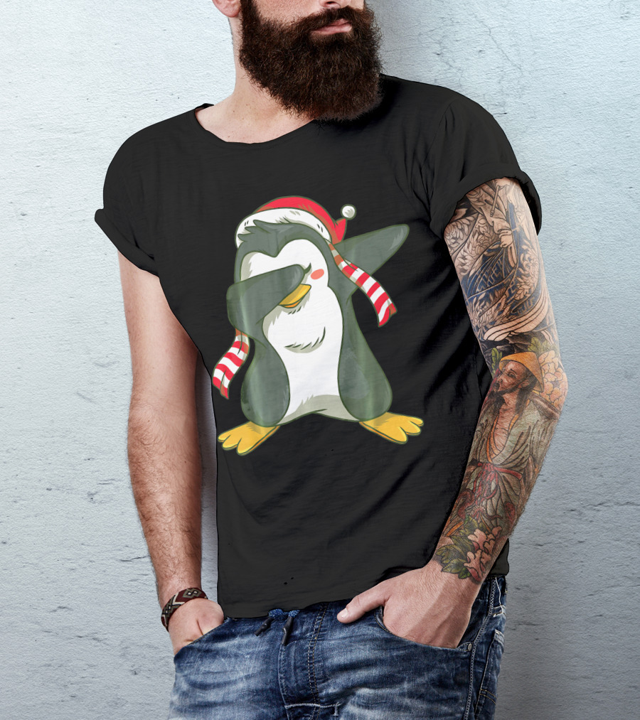 Dabbing Penguin In Santa Hat With Striped Scarf T-Shirt
