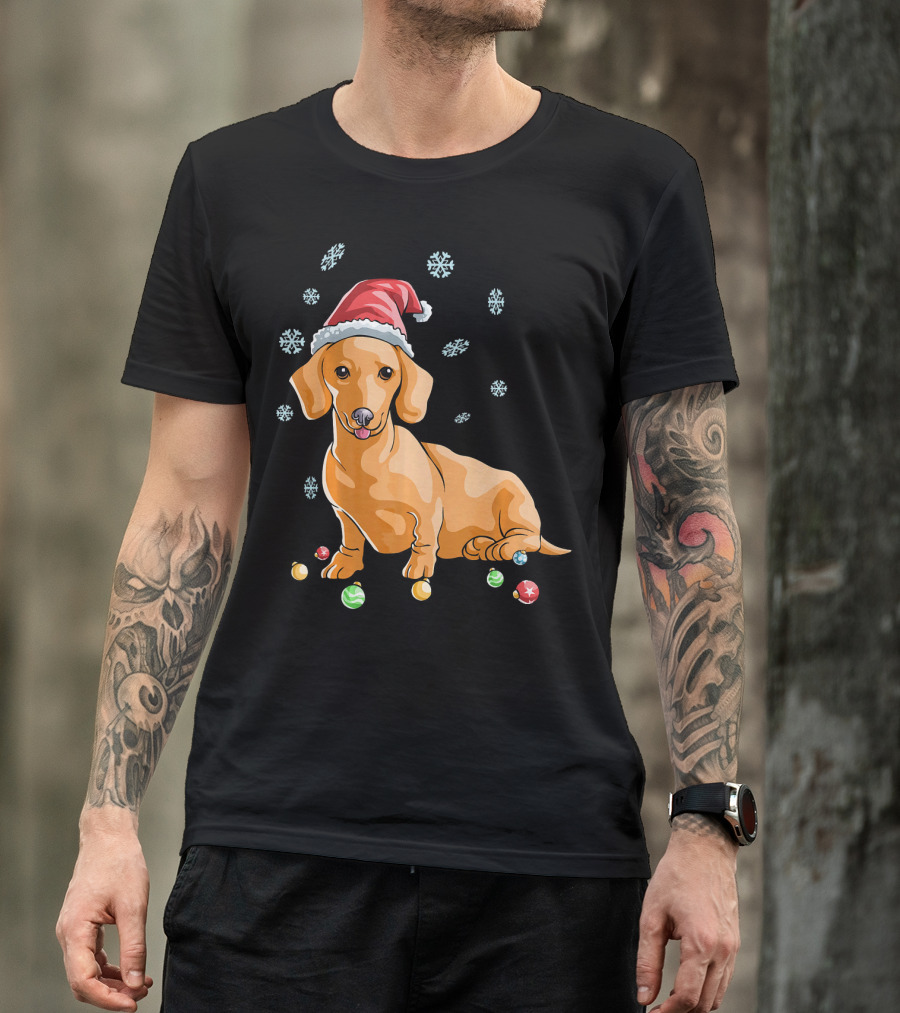 Wiener Dog Dachshund Puppy Santa Hat Snowflakes Holiday T-Shirt