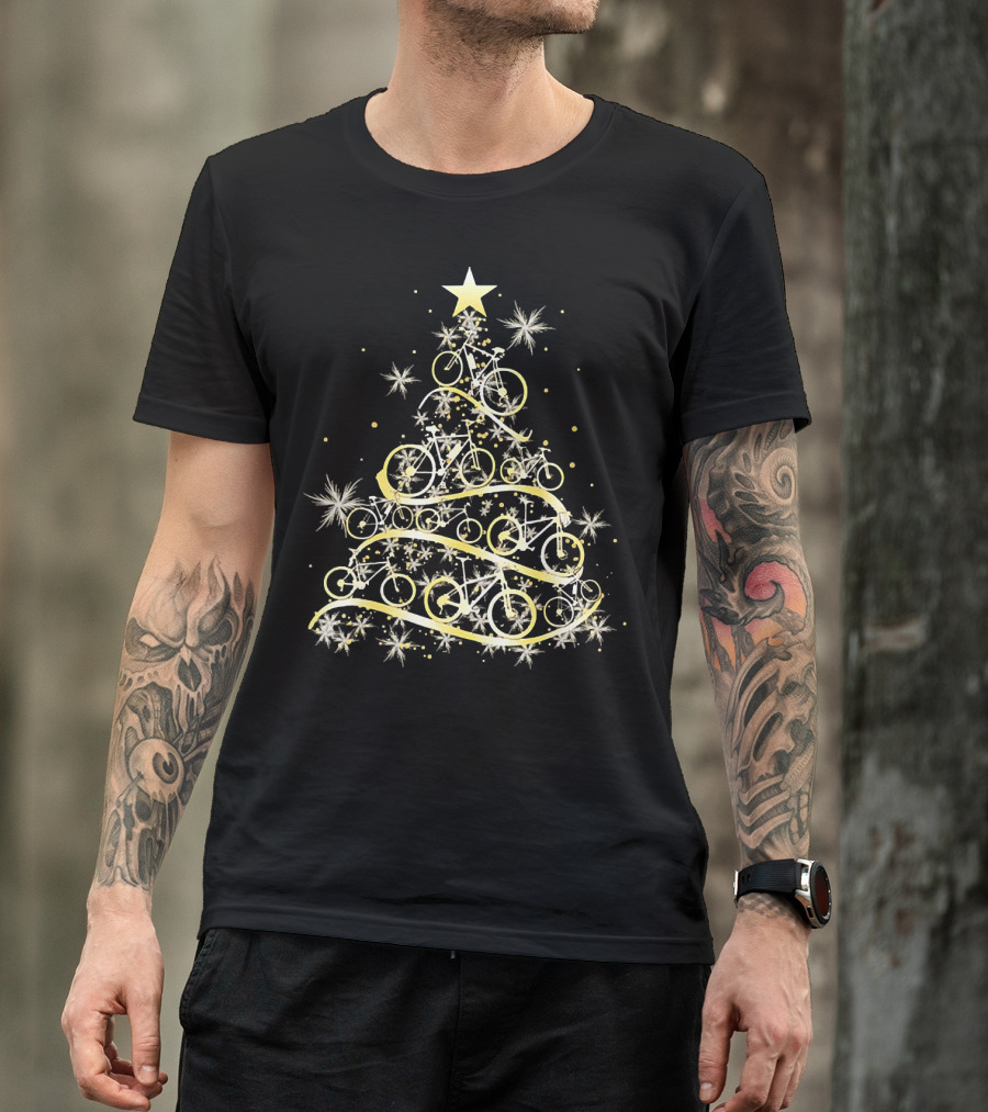 Bicycle Tree Christmas Biker Bike Festive Holiday Star T-Shirt