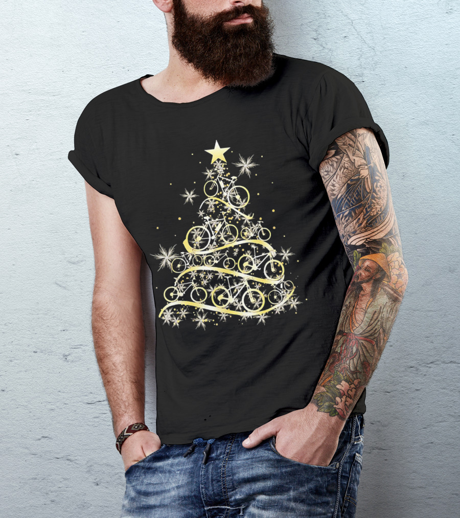 Bicycle Tree Christmas Biker Bike Festive Holiday Star T-Shirt