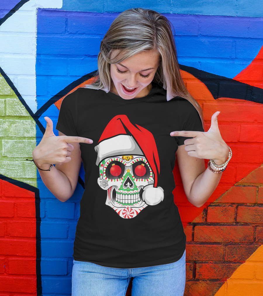 Jingle Jangle Christmas Sugar Skull Santa Hat Peppermint T-Shirt
