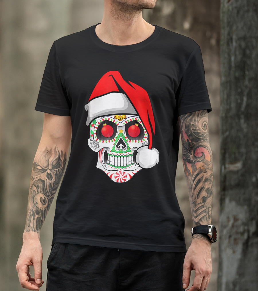 Jingle Jangle Christmas Sugar Skull Santa Hat Peppermint T-Shirt