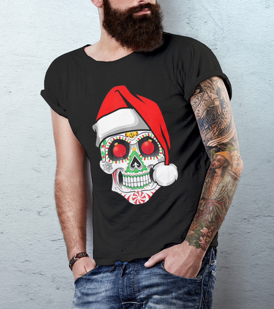 Jingle Jangle Christmas Sugar Skull Santa Hat Peppermint T-Shirt