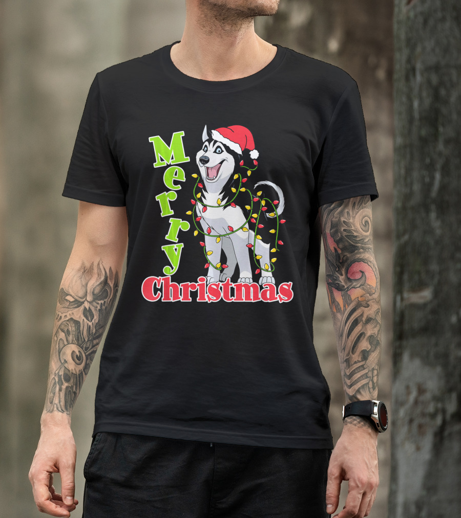 Merry Christmas Husky Festive Lights Holiday Santa Hat T-Shirt