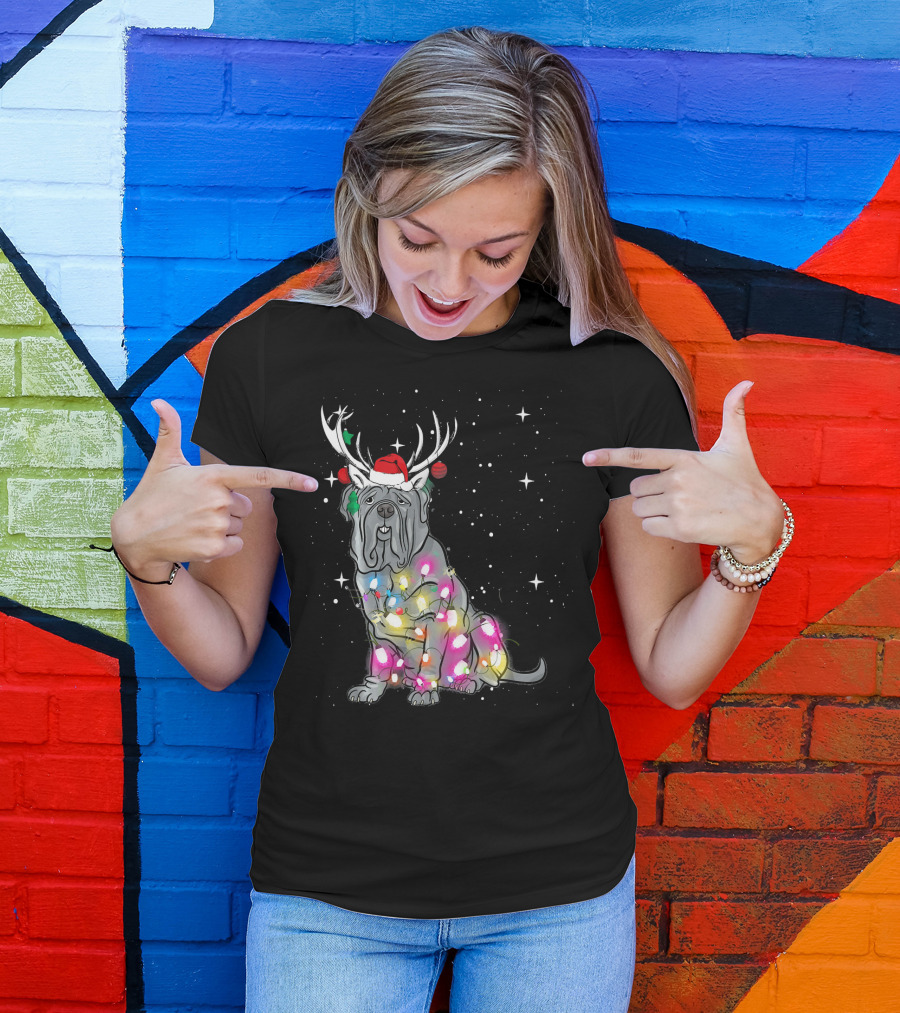 Neapolitan Mastiff With Christmas Lights And Santa Hat In Snowy Night T-Shirt