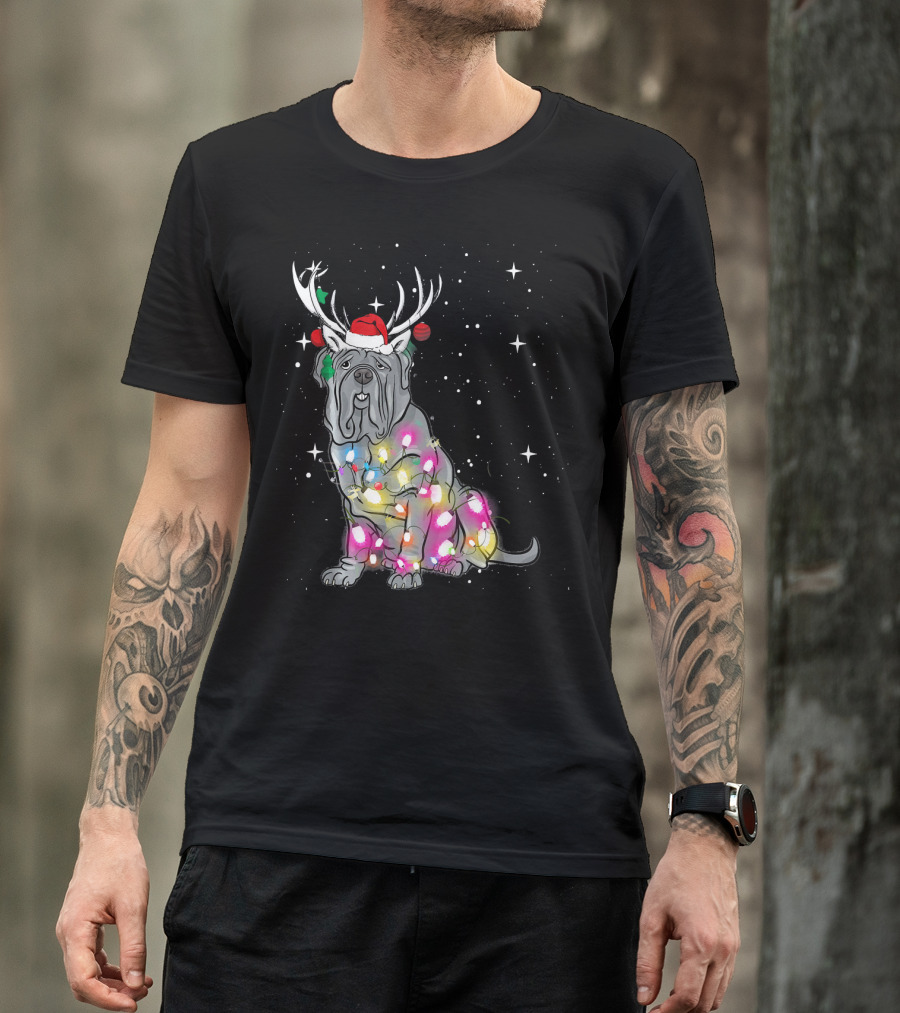 Neapolitan Mastiff With Christmas Lights And Santa Hat In Snowy Night T-Shirt