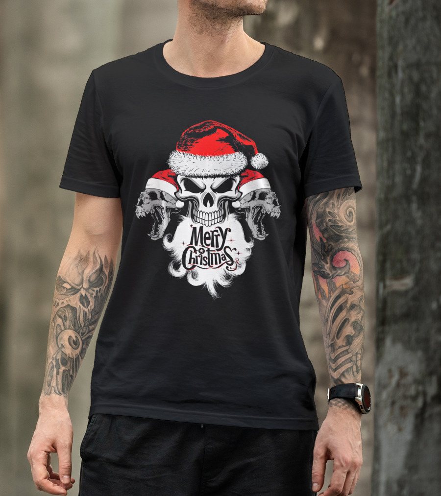 Merry Christmas Funny Skull Santa With Santa Hat And Beards T-Shirt