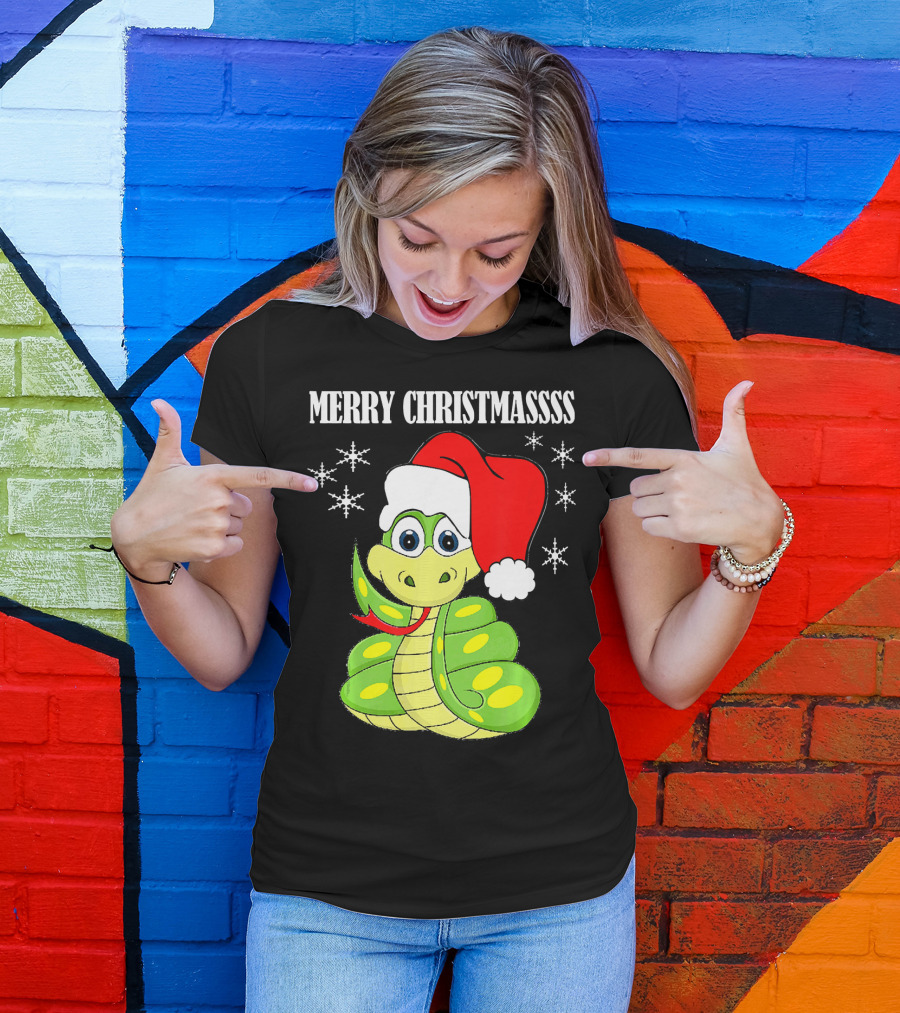 Merry Christmassss Snake Cute Snak Santa Hat Snowflakes T-Shirt