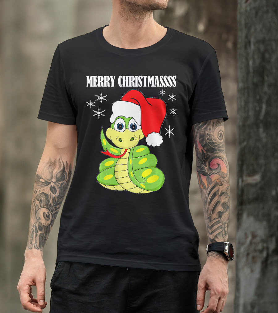 Merry Christmassss Snake Cute Snak Santa Hat Snowflakes T-Shirt