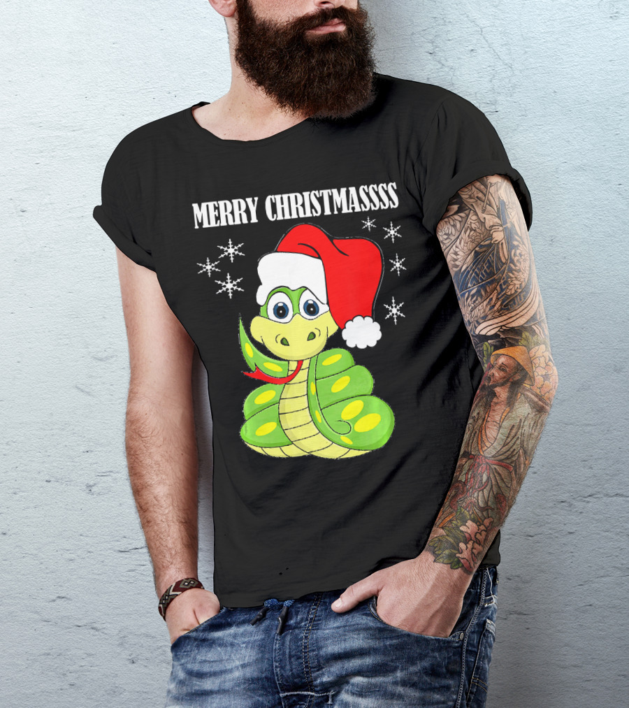 Merry Christmassss Snake Cute Snak Santa Hat Snowflakes T-Shirt