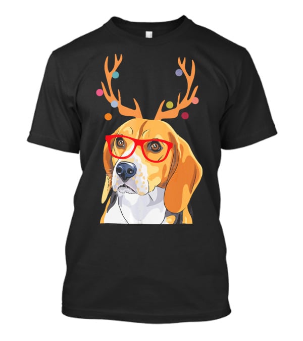 Beagle With Christmas Antlers And Red Glasses T-Shirt