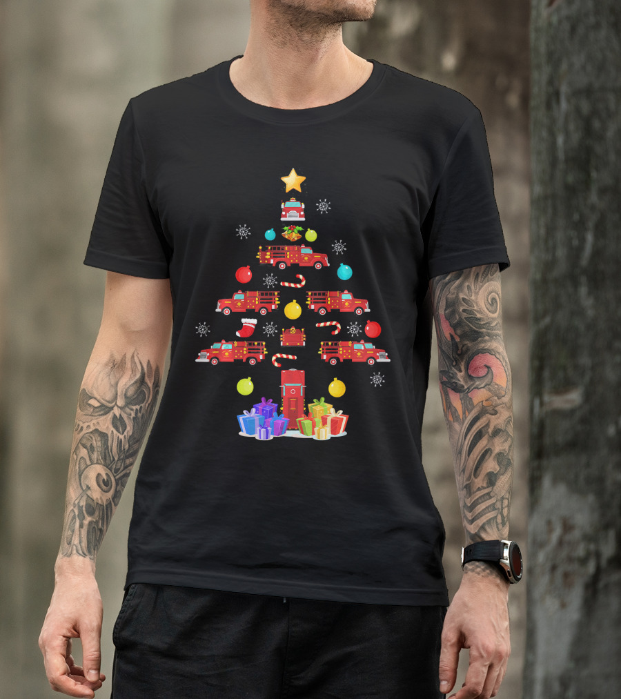 Funny Firefighter Christmas Tree Ornament Fire Truck Star Gifts T-Shirt
