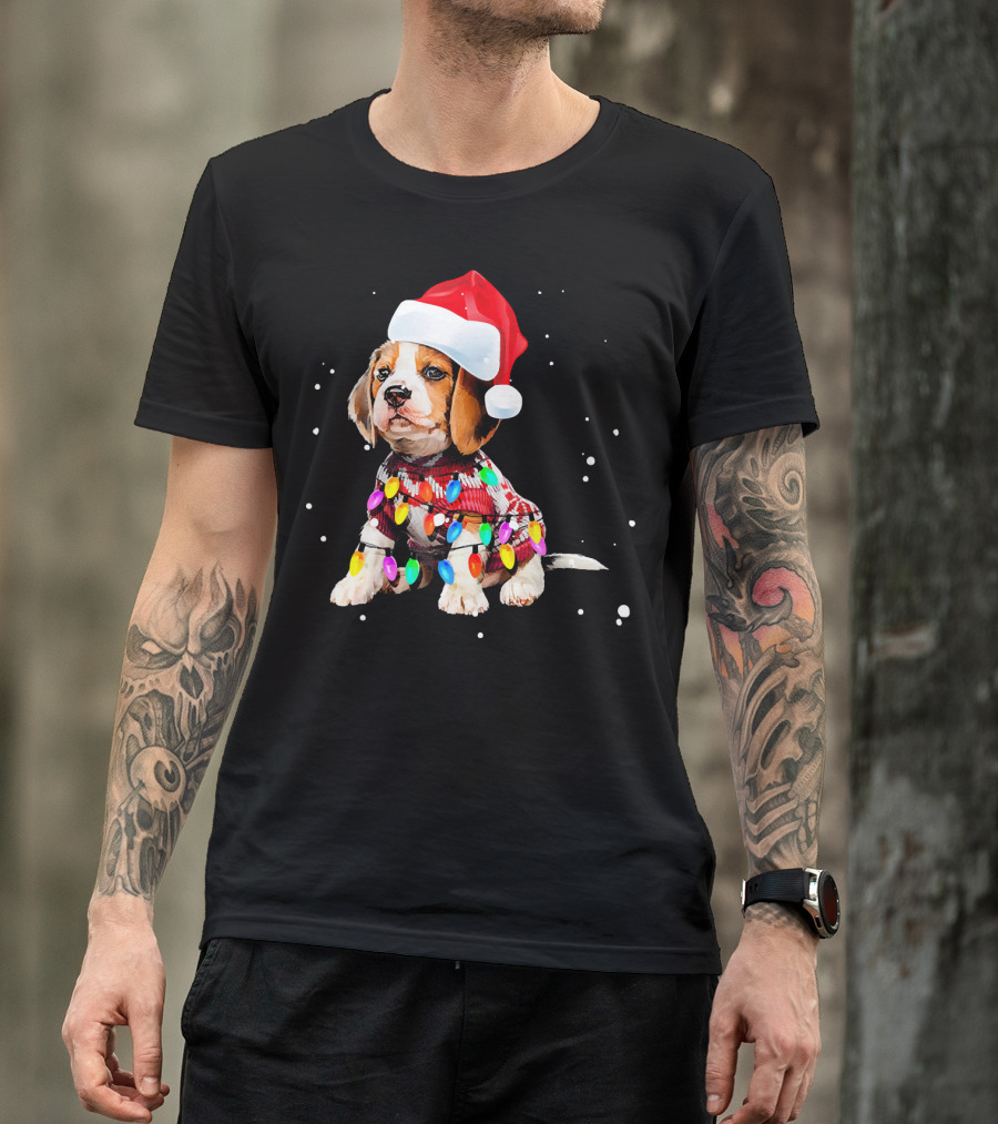 Santa Hat Beagle Wrapped In Christmas Lights T-Shirt