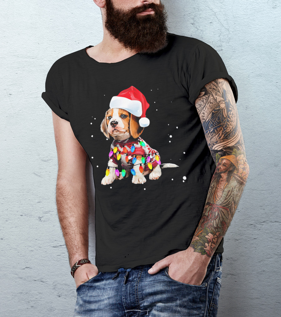 Santa Hat Beagle Wrapped In Christmas Lights T-Shirt