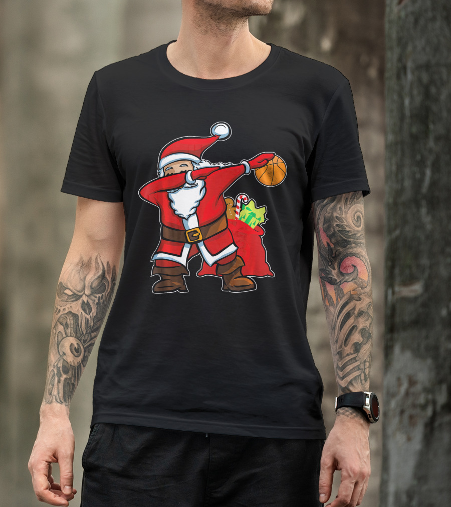 Christmas Dabbing Santa Holding Basketball With Gifts T-Shirt