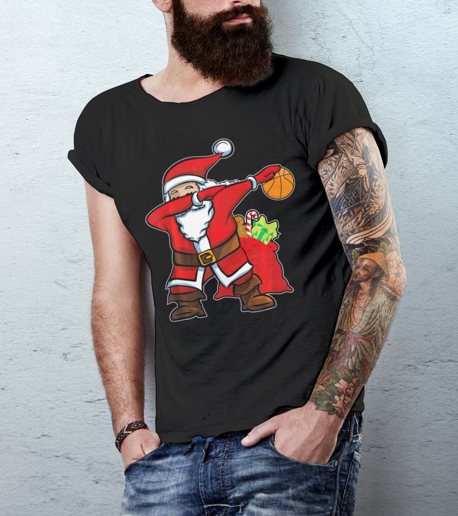 Christmas Dabbing Santa Holding Basketball With Gifts T-Shirt