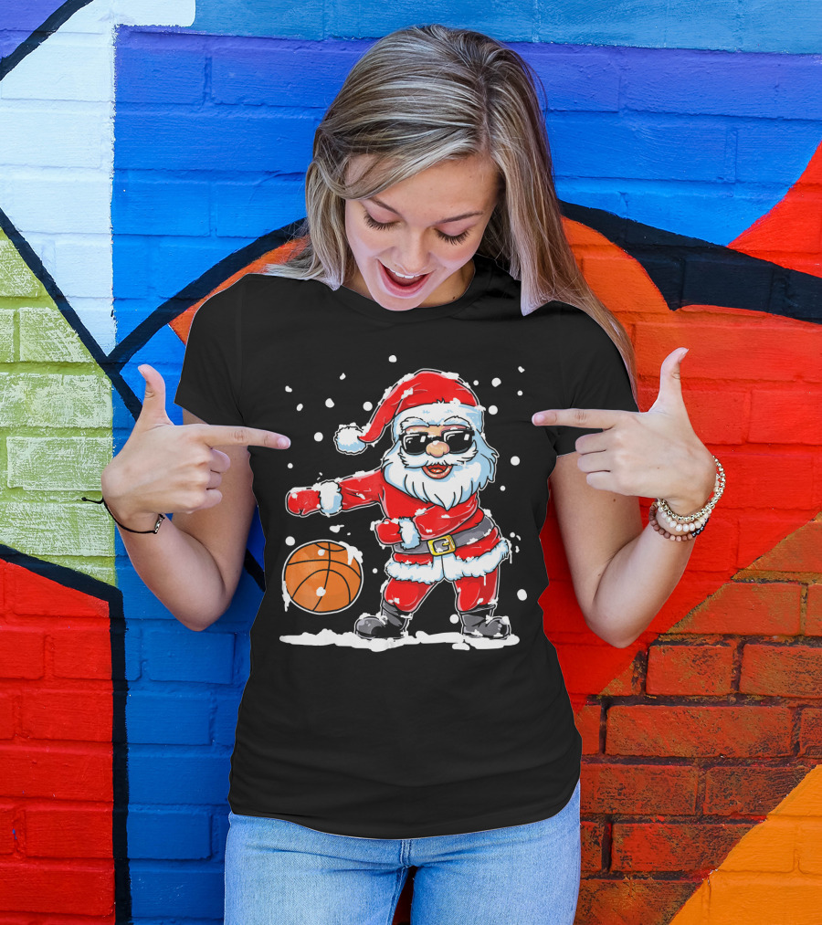 Santa Flossing With Basketball In Snowy Christmas Scene T-Shirt