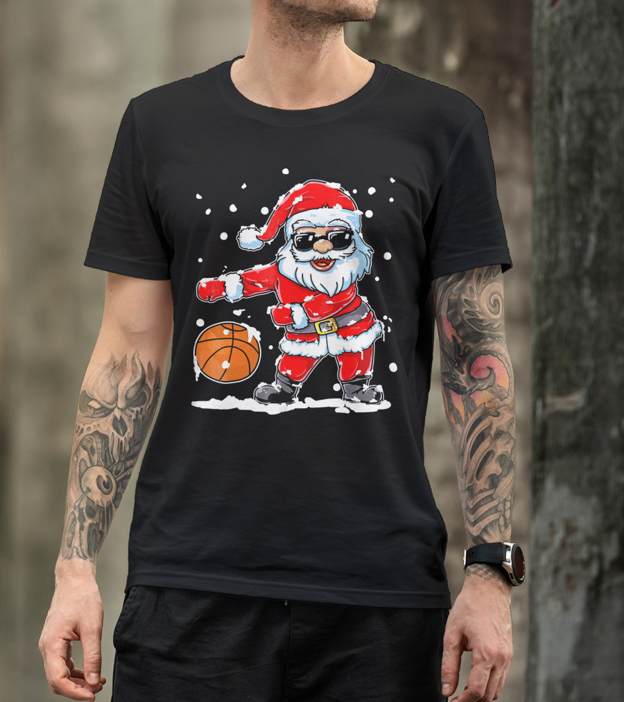 Santa Flossing With Basketball In Snowy Christmas Scene T-Shirt