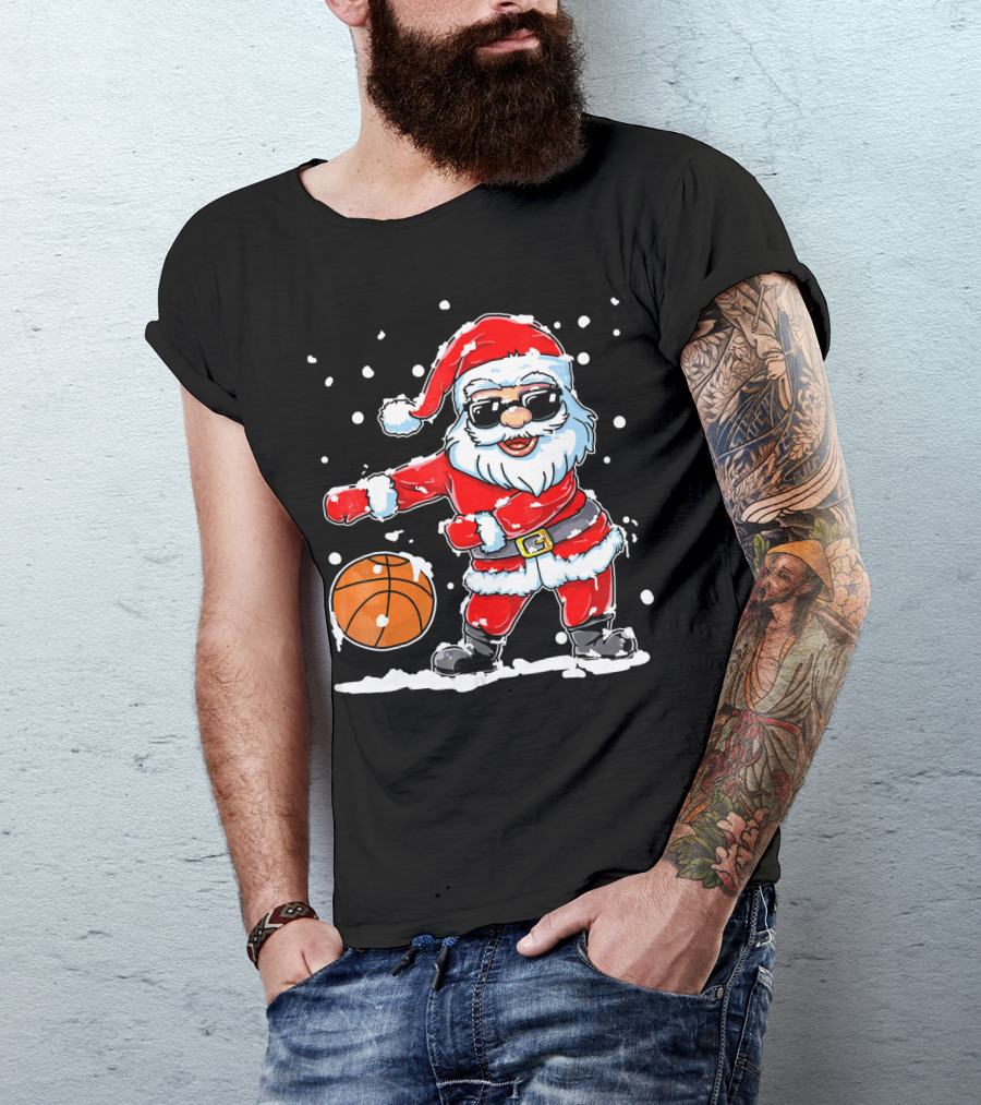 Santa Flossing With Basketball In Snowy Christmas Scene T-Shirt