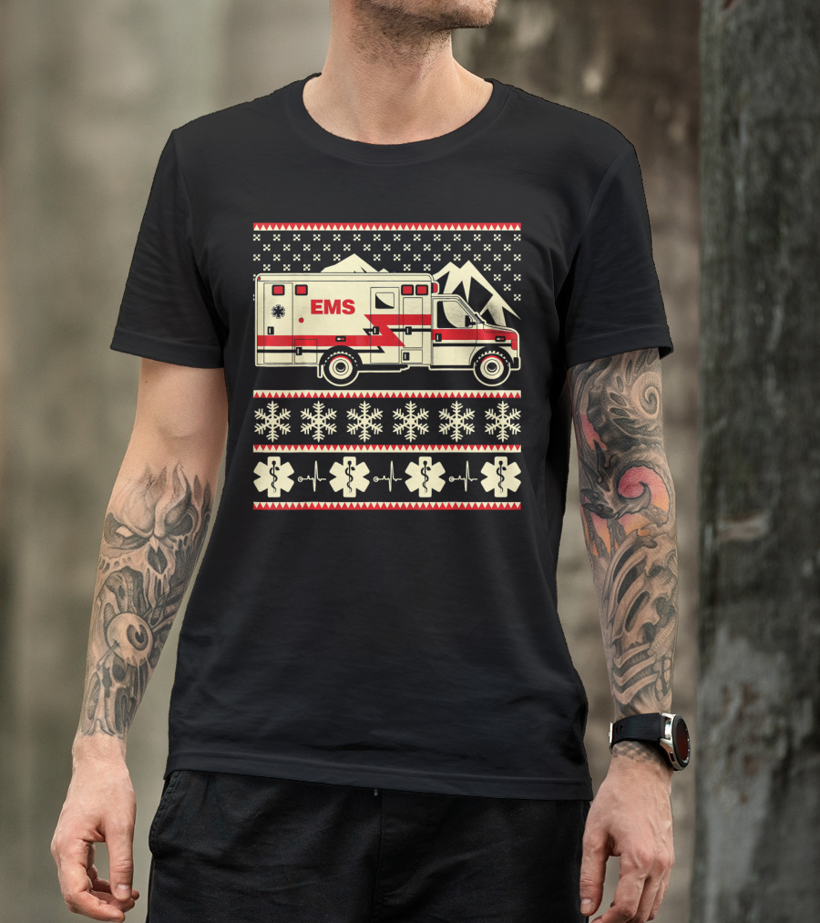 EMS Christmas Ambulance Ugly Sweater Snowflake T-Shirt